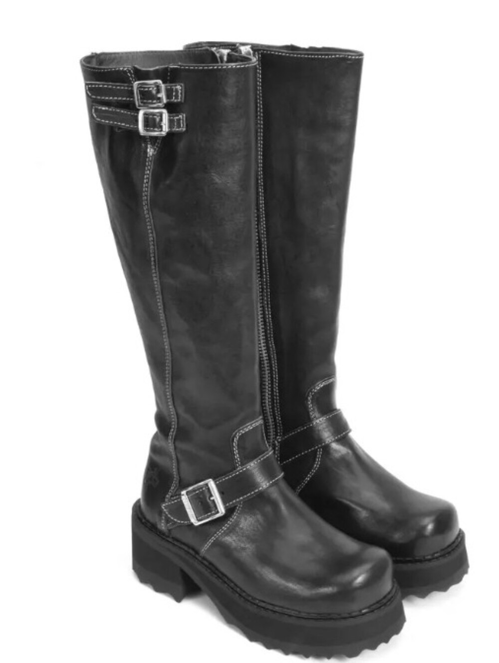 John Fluevog Bond Girl Tall Moto Boots Black Leather Buckle Platform Goth Punk 9